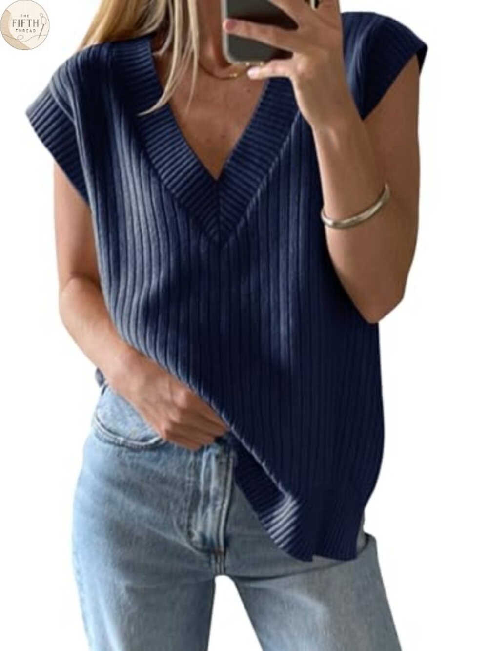 Saodimallsu Ribbed Knit V Neck Sweater Vest Sleeveless Loose Fit